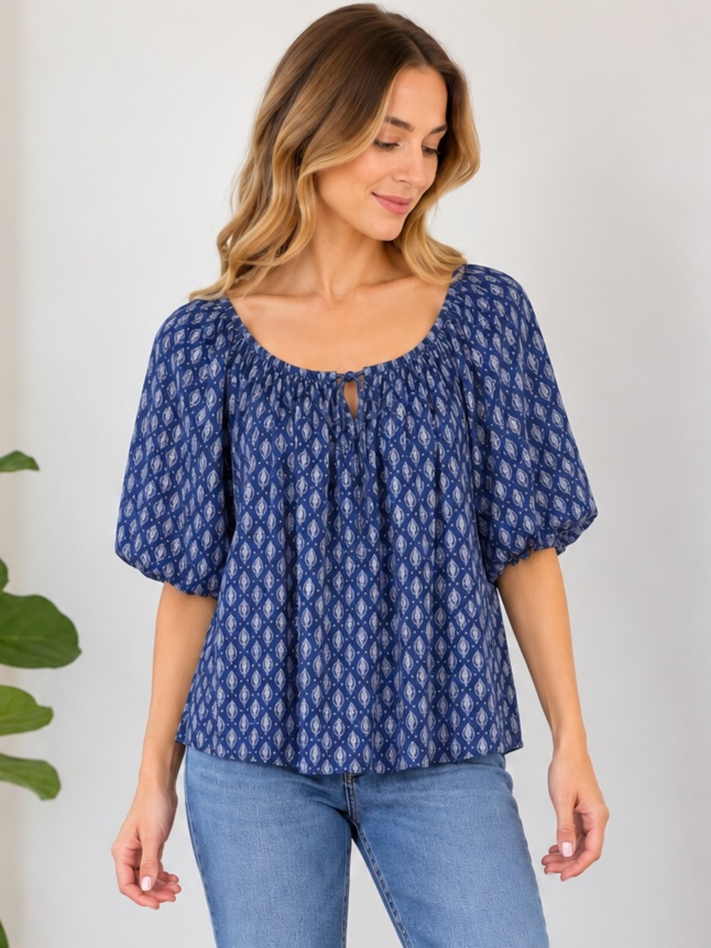 Velvet by Graham & Spencer geometric boho blouse navy blue size XS